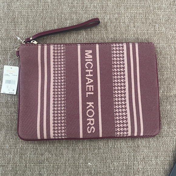 Michael Michael Kors NWT Jet Set Signature Jacquard Large Zip Pouch - Dark Berry - Picture 3 of 7